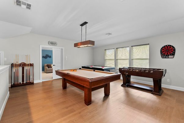 Billiard Table, Game Room, Interior, Pendant Lights, Wood Texture Flooring
