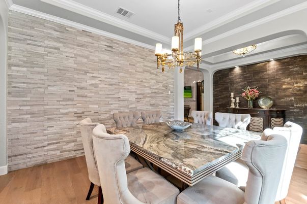 Chandelier, Dining room, Interior, Stone Walls, Wood Texture Flooring