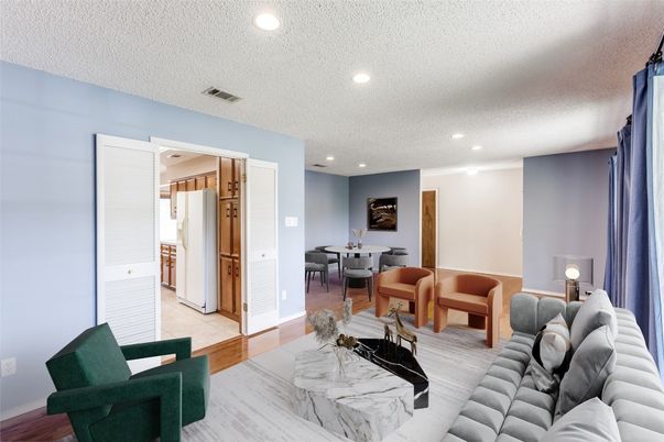 Dining room, Interior, Kitchen, Living room, Marble, Recessed Lighting, Wood Texture Flooring