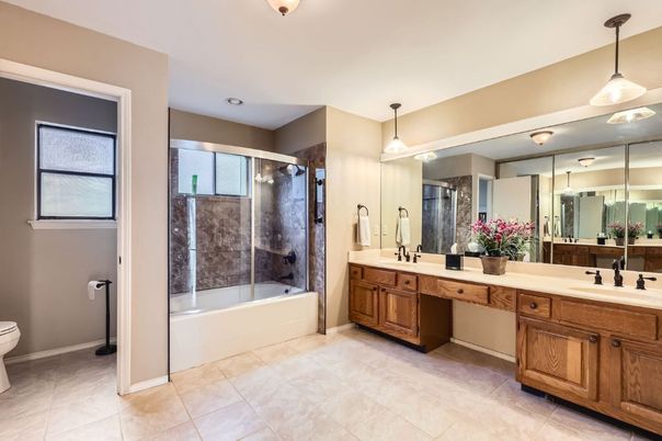 Bathroom, Dual Sink Vanities, Glass Shower, Interior, Pendant Lights