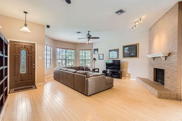 Fireplace, Interior, Living room, Pendant Lights, Stone Walls, Wood Texture Flooring