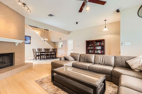 Dining room, Fireplace, Interior, Living room, Pendant Lights, Wood Texture Flooring