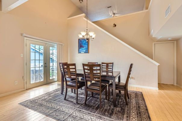Chandelier, Dining room, Interior, Wood Texture Flooring