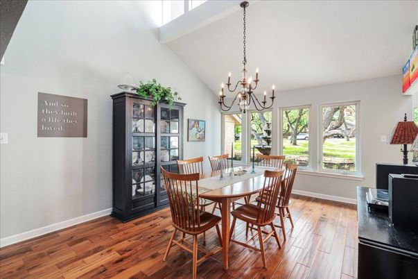 Chandelier, Dining room, Interior, Wood Texture Flooring