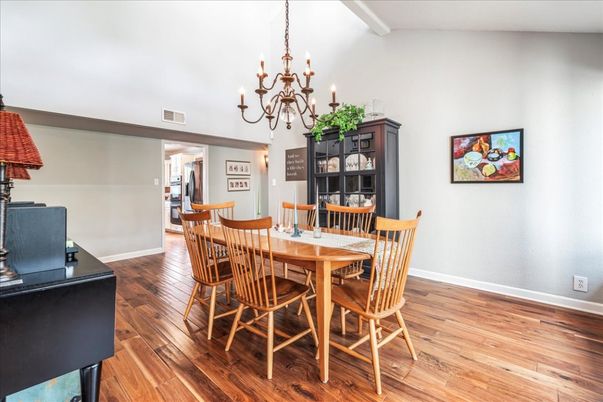 Chandelier, Dining room, Interior, Wood Texture Flooring