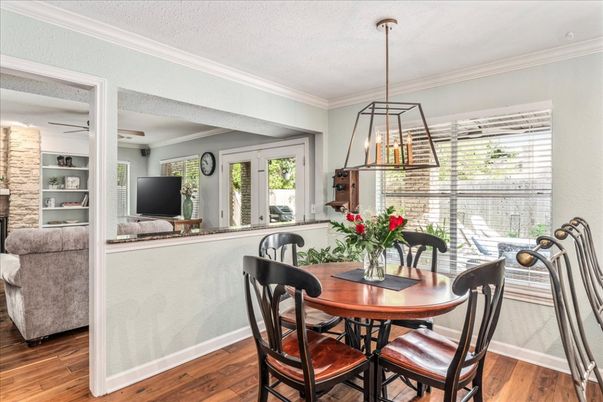 Dining room, Interior, Pendant Lights, Wood Texture Flooring