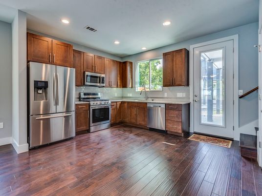 Interior, Kitchen, Recessed Lighting, Stainless Steel Appliances, Wood Texture Flooring