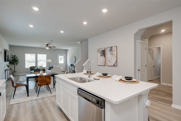 Dining room, Interior, Kitchen, Recessed Lighting, Wood Texture Flooring