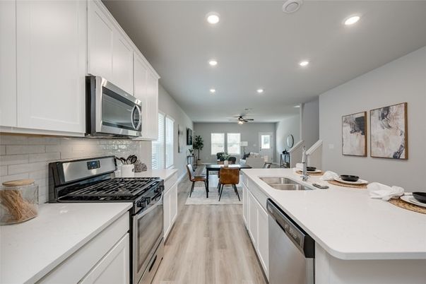 Dining room, Interior, Kitchen, Recessed Lighting, Stainless Steel Appliances, Wood Texture Flooring