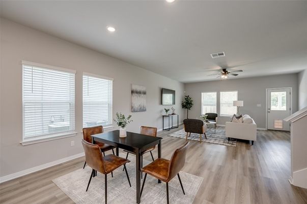 Dining room, Interior, Living room, Recessed Lighting, Wood Texture Flooring