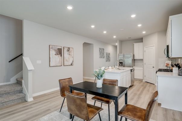 Dining room, Interior, Kitchen, Recessed Lighting, Stainless Steel Appliances, Wood Texture Flooring