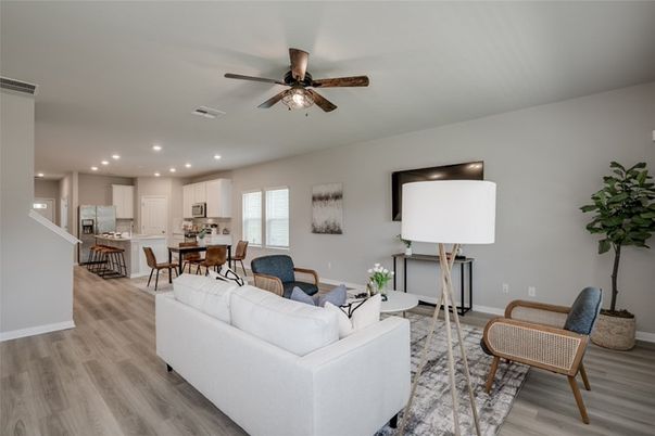 Dining room, Interior, Kitchen, Living room, Recessed Lighting, Wood Texture Flooring