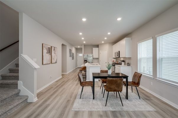 Dining room, Interior, Kitchen, Recessed Lighting, Wood Texture Flooring