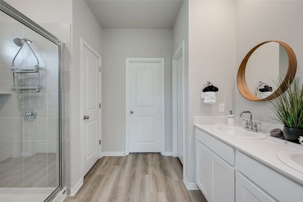 Bathroom, Dual Sink Vanities, Glass Shower, Interior, Wood Texture Flooring
