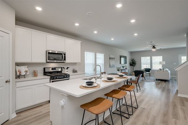 Interior, Kitchen, Living room, Recessed Lighting, Stainless Steel Appliances, Wood Texture Flooring
