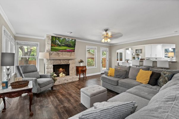 Dining room, Fireplace, Interior, Living room, Wood Texture Flooring