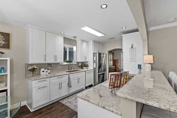 Dining room, Interior, Kitchen, Recessed Lighting, Stainless Steel Appliances, Wood Texture Flooring