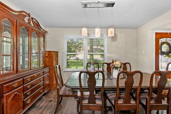Dining room, Interior, Pendant Lights, Wood Texture Flooring
