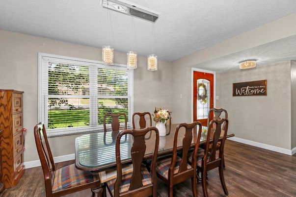 Dining room, Interior, Pendant Lights, Wood Texture Flooring