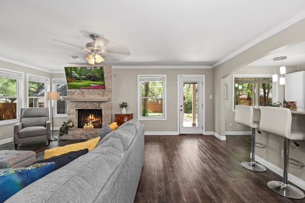 Fireplace, Interior, Living room, Pendant Lights, Wood Texture Flooring