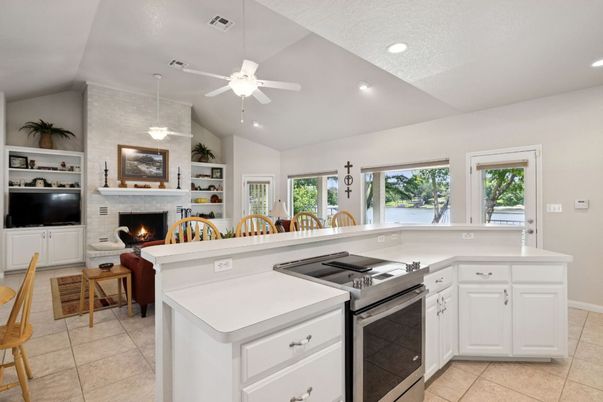Fireplace, Interior, Kitchen, Pendant Lights, Recessed Lighting
