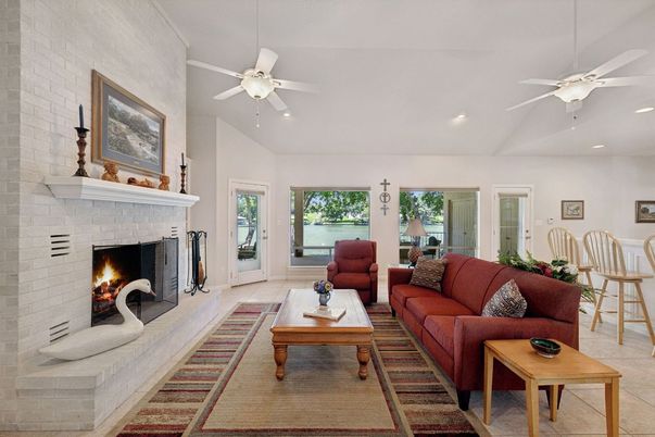 Fireplace, Interior, Living room, Recessed Lighting, Stone Walls