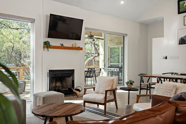 Dining room, Fireplace, Interior, Living room, Recessed Lighting