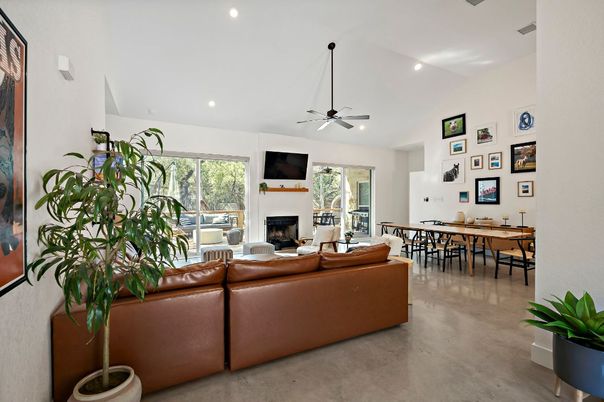 Dining room, Fireplace, Interior, Living room, Recessed Lighting