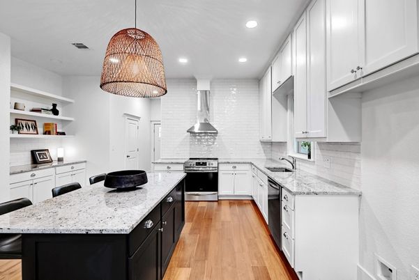 Interior, Kitchen, Pendant Lights, Recessed Lighting, Stainless Steel Appliances, Wood Texture Flooring