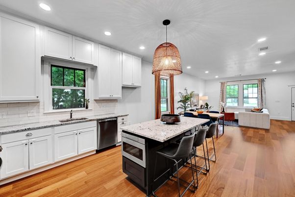 Interior, Kitchen, Living room, Pendant Lights, Recessed Lighting, Stainless Steel Appliances, Wood Texture Flooring