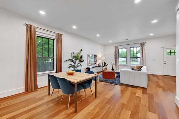 Dining room, Interior, Living room, Recessed Lighting, Wood Texture Flooring