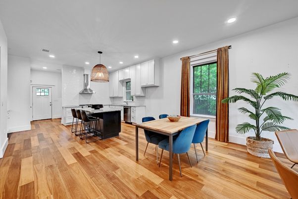 Dining room, Interior, Kitchen, Pendant Lights, Recessed Lighting, Stainless Steel Appliances, Wood Texture Flooring