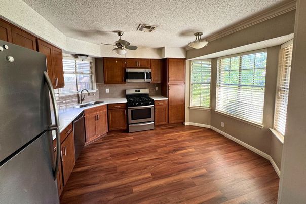 Interior, Kitchen, Stainless Steel Appliances, Wood Texture Flooring