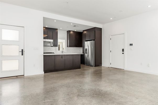 Empty room, Interior, Kitchen, Recessed Lighting, Stainless Steel Appliances