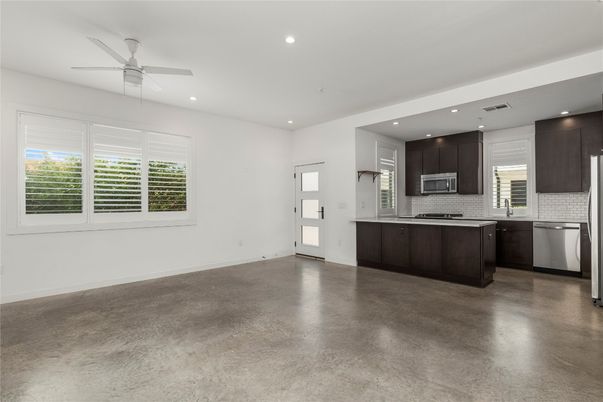 Empty room, Interior, Kitchen, Recessed Lighting, Stainless Steel Appliances