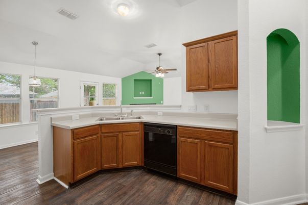 Interior, Kitchen, Pendant Lights, Wood Texture Flooring