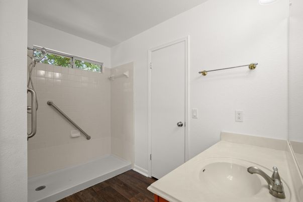 Bathroom, Glass Shower, Interior, Wood Texture Flooring