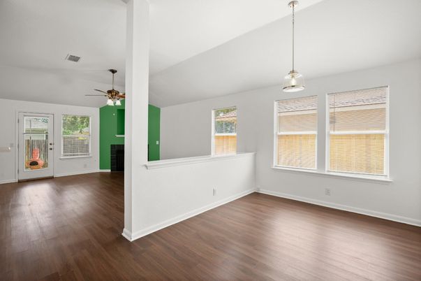 Empty room, Fireplace, Interior, Pendant Lights, Wood Texture Flooring