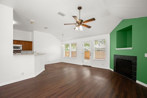 Empty room, Fireplace, Interior, Pendant Lights, Wood Texture Flooring
