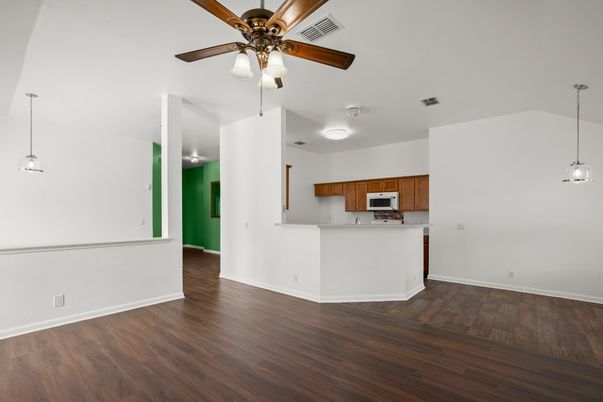 Interior, Kitchen, Pendant Lights, Stainless Steel Appliances, Wood Texture Flooring