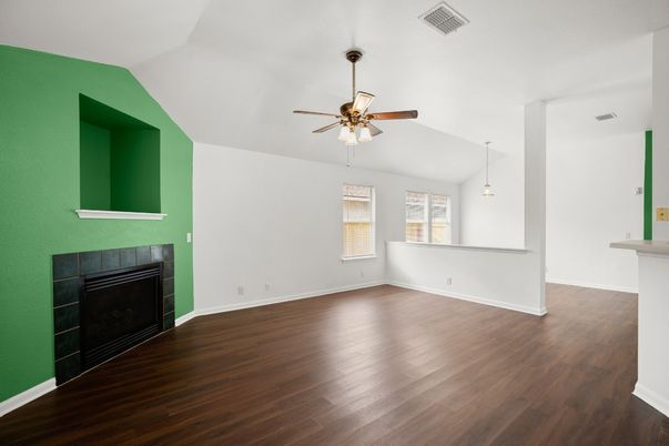 Empty room, Fireplace, Interior, Pendant Lights, Wood Texture Flooring