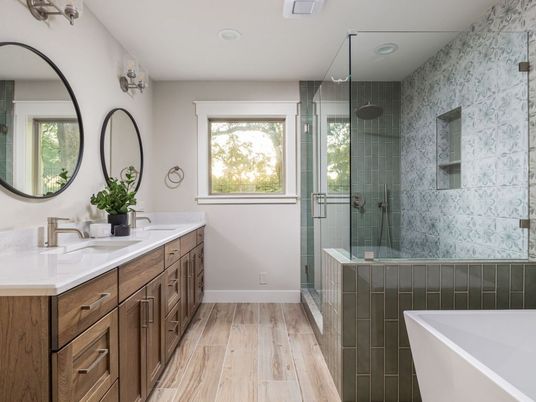 Bathroom, Dual Sink Vanities, Free Standing Baths, Glass Shower, Interior, Recessed Lighting, Wood Texture Flooring