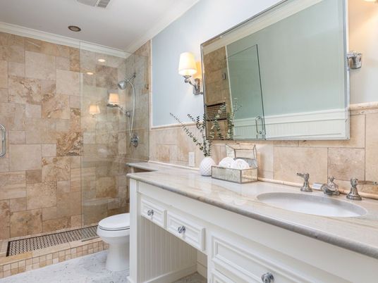 Bathroom, Glass Shower, Interior, Recessed Lighting, Stone Walls