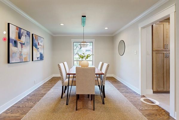 Dining room, Interior, Pendant Lights, Recessed Lighting, Wood Texture Flooring