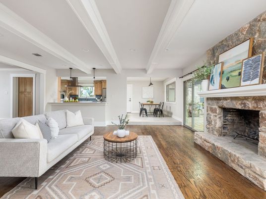 Dining room, Fireplace, Interior, Kitchen, Living room, Pendant Lights, Recessed Lighting, Wood Texture Flooring