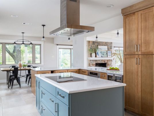 Dining room, Fireplace, Interior, Kitchen, Pendant Lights, Recessed Lighting, Wooden Beams