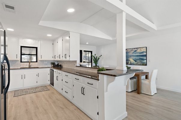 Dining room, Interior, Kitchen, Recessed Lighting, Wood Texture Flooring