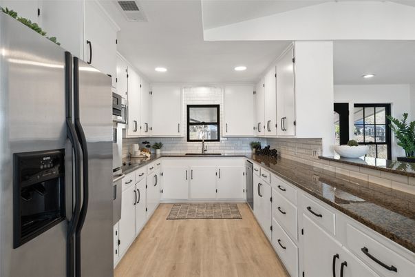 Interior, Kitchen, Recessed Lighting, Stainless Steel Appliances, Wood Texture Flooring