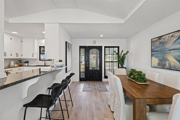 Dining room, Interior, Kitchen, Recessed Lighting, Wood Texture Flooring
