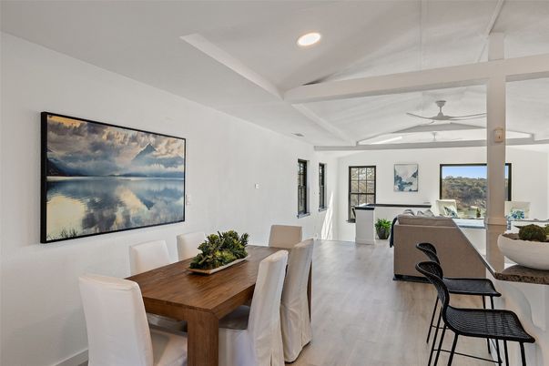 Dining room, Interior, Recessed Lighting, Wood Texture Flooring